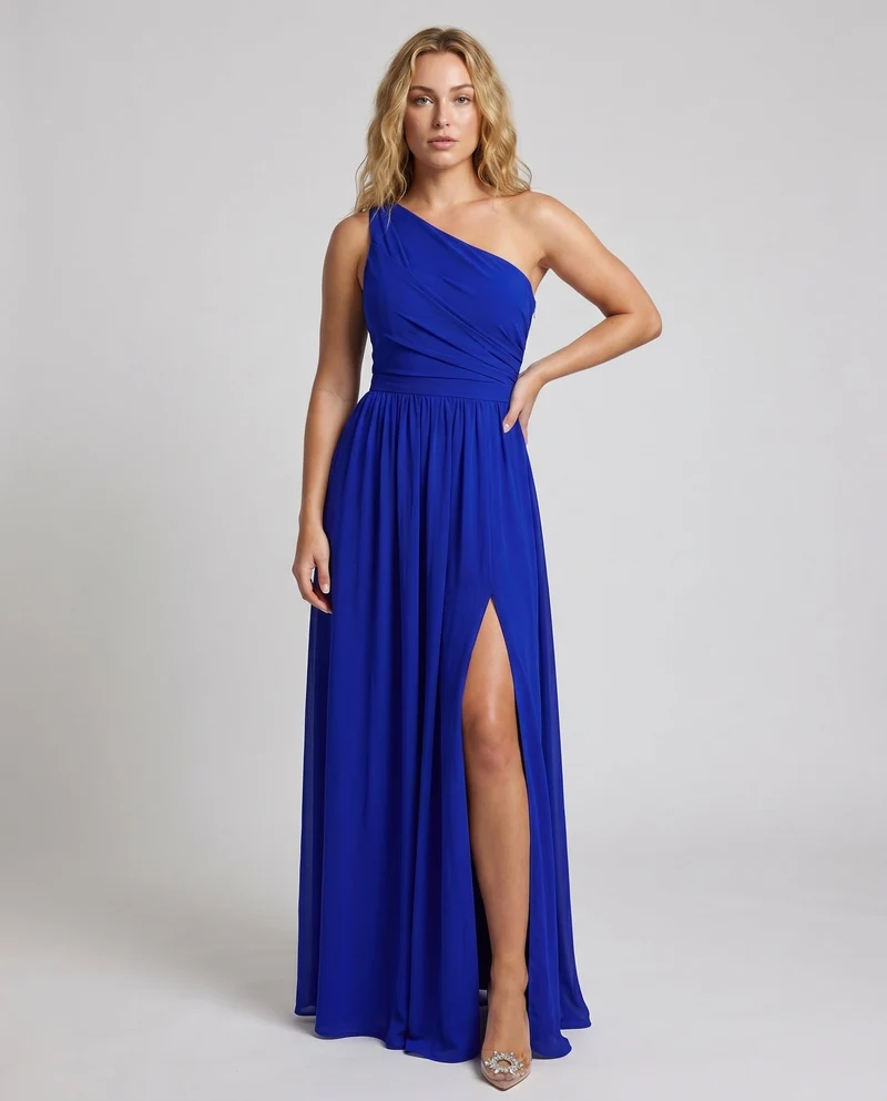 Damen Maxikleid mit asymmetrischem Ausschnitt und tiefem Schlitz