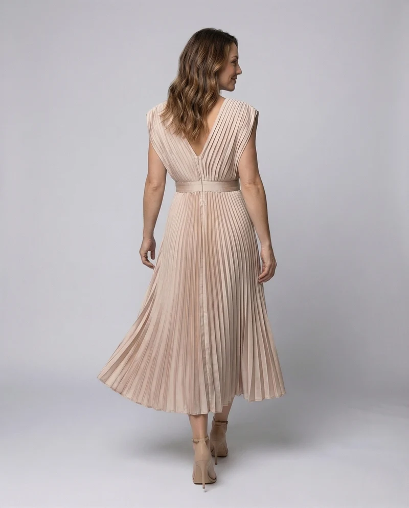 Damen Midikleid Plissee V Ausschnitt