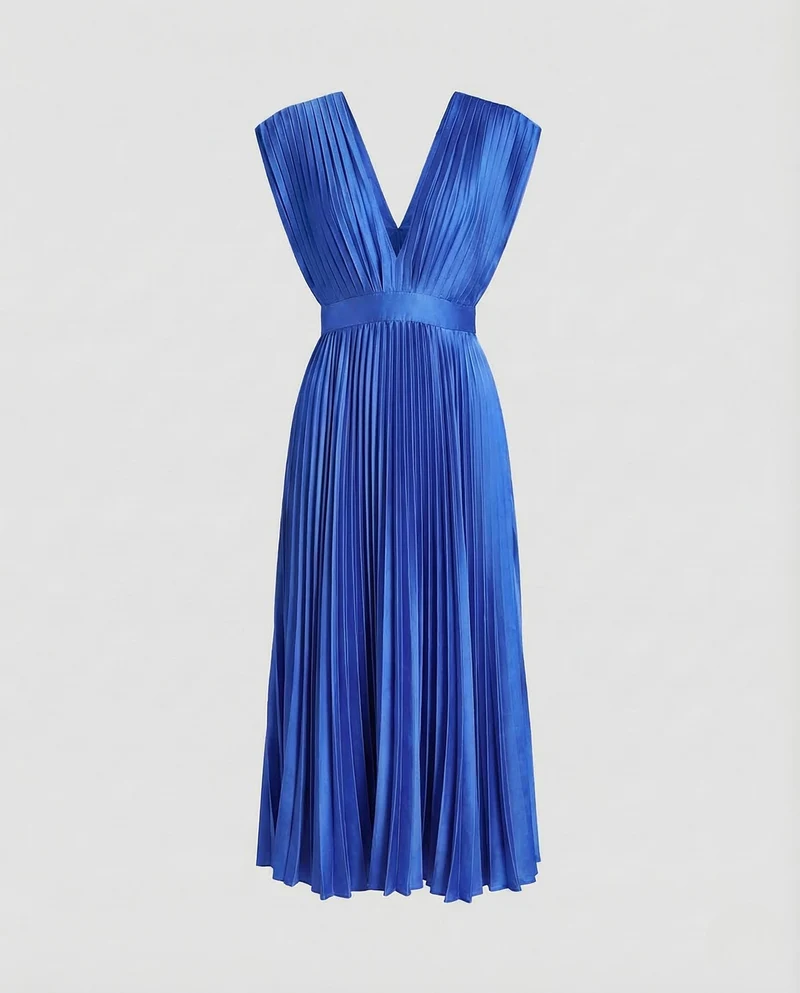Damen Midikleid Plissee V Ausschnitt
