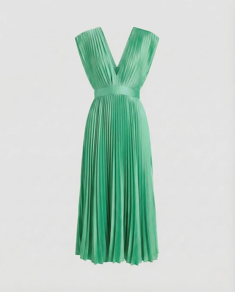 Damen Midikleid Plissee V Ausschnitt