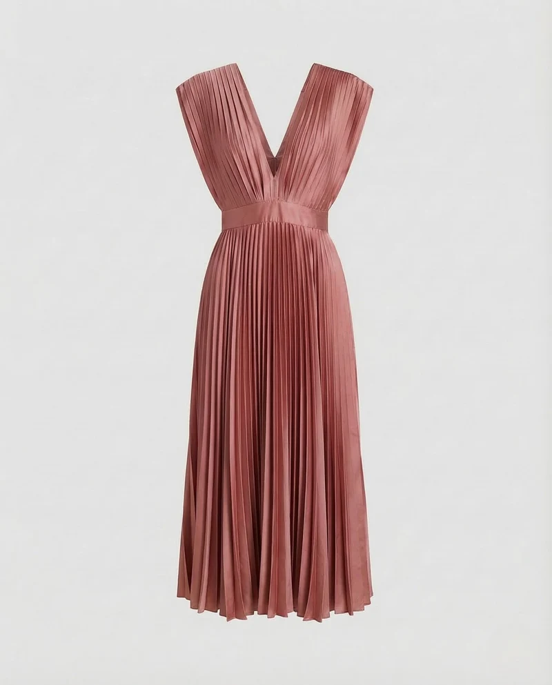 Damen Midikleid Plissee V Ausschnitt