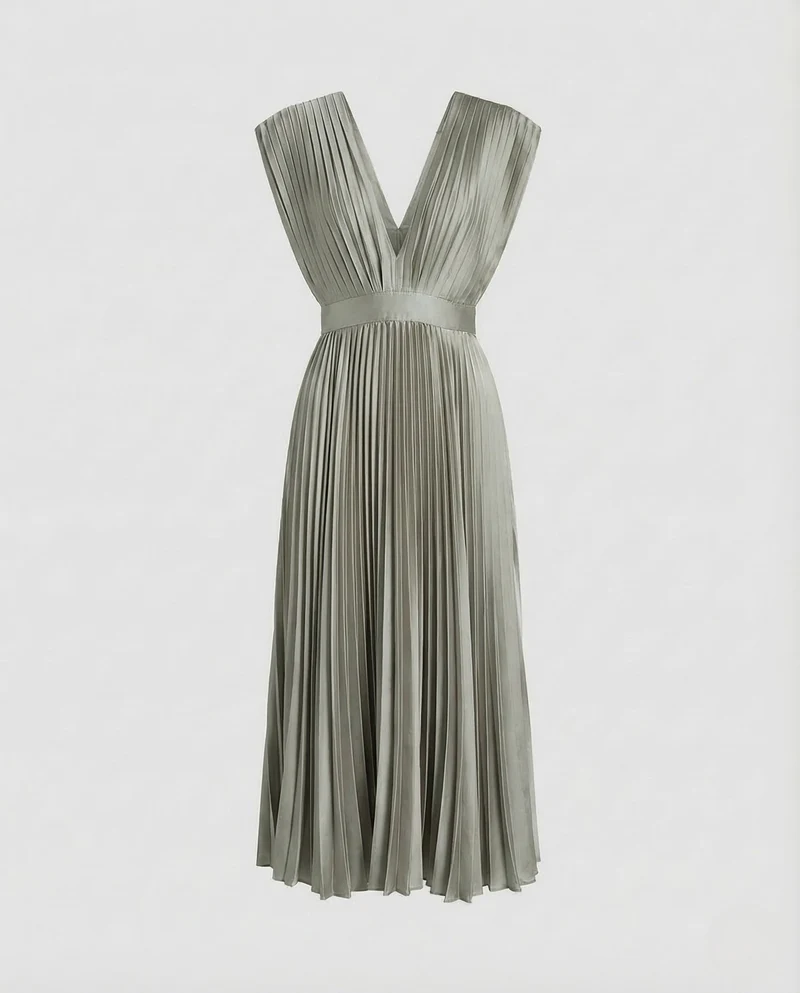 Damen Midikleid Plissee V Ausschnitt