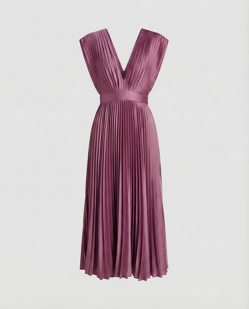 Damen Midikleid Plissee V Ausschnitt