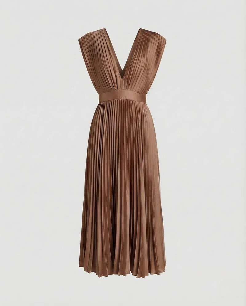 Damen Midikleid Plissee V Ausschnitt