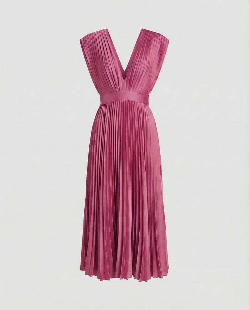 Damen Midikleid Plissee V Ausschnitt