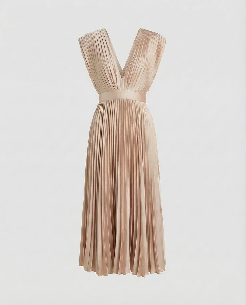 Damen Midikleid Plissee V Ausschnitt