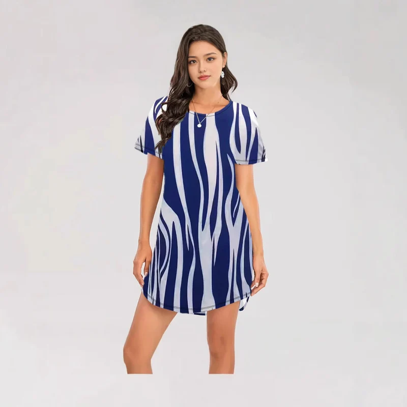 Damen Kurzarm Kleid mit auffälligem Streifenmuster und bequemem Schnitt