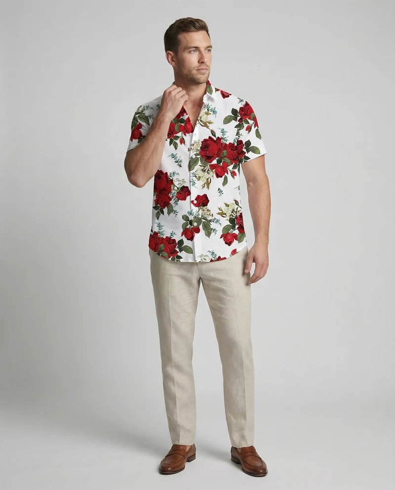 Kurzarmhemd Herren Blumenmuster Leinenoptik