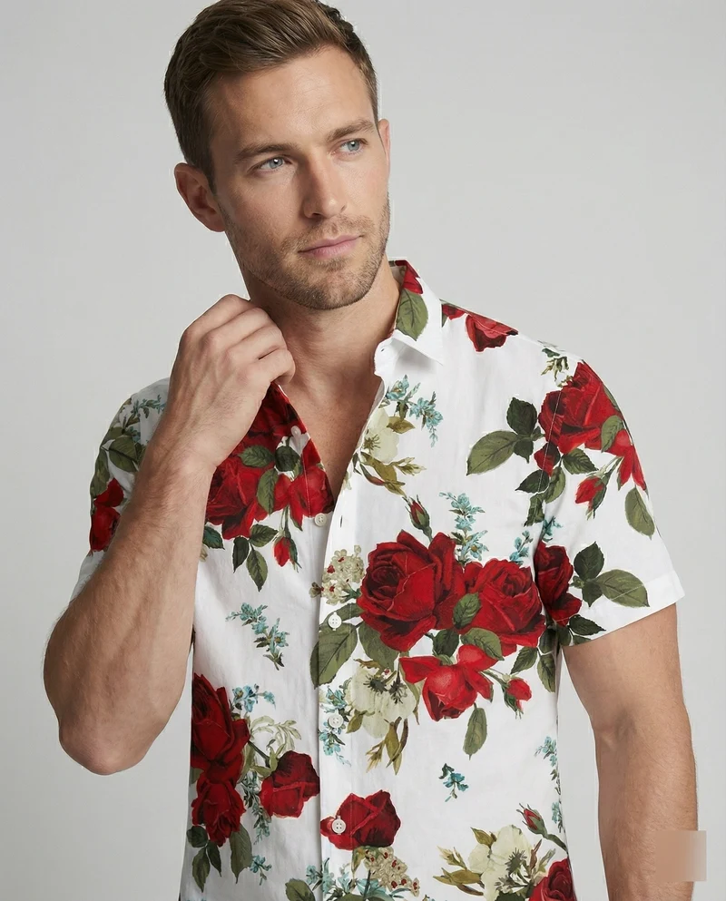 Kurzarmhemd Herren Blumenmuster Leinenoptik
