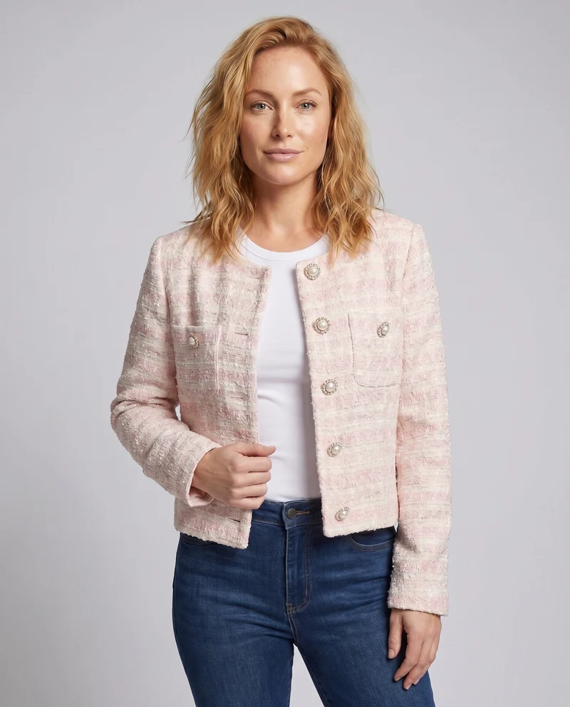 Damen elegante Tweed-Jacke mit Perlenknöpfen und modischem Design