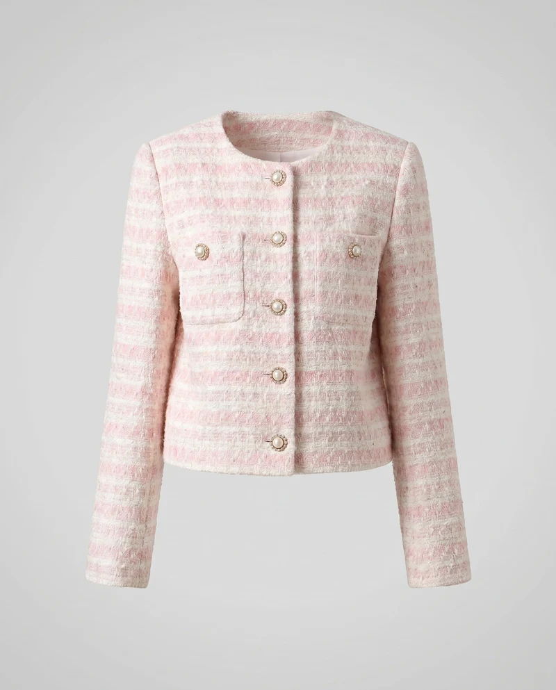Damen elegante Tweed-Jacke mit Perlenknöpfen und modischem Design
