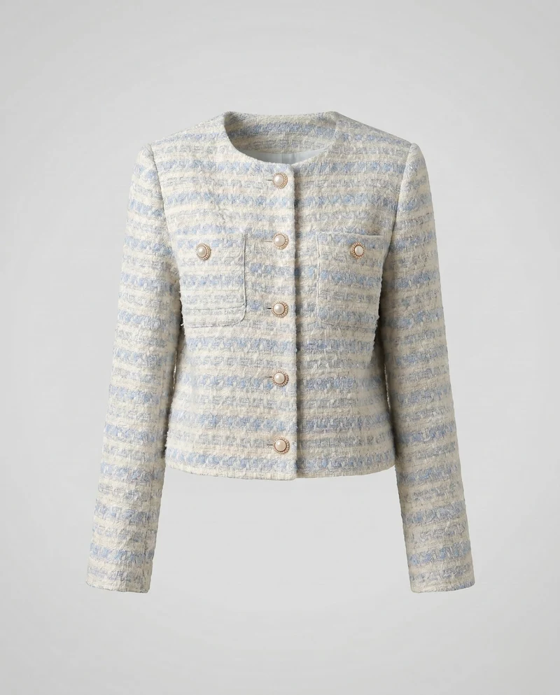 Damen elegante Tweed-Jacke mit Perlenknöpfen und modischem Design