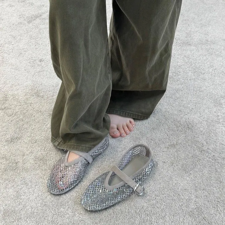 Damen elegante Riemchen-Ballerinas mit modischem Glitzereffekt