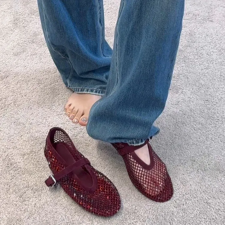 Damen elegante Riemchen-Ballerinas mit modischem Glitzereffekt