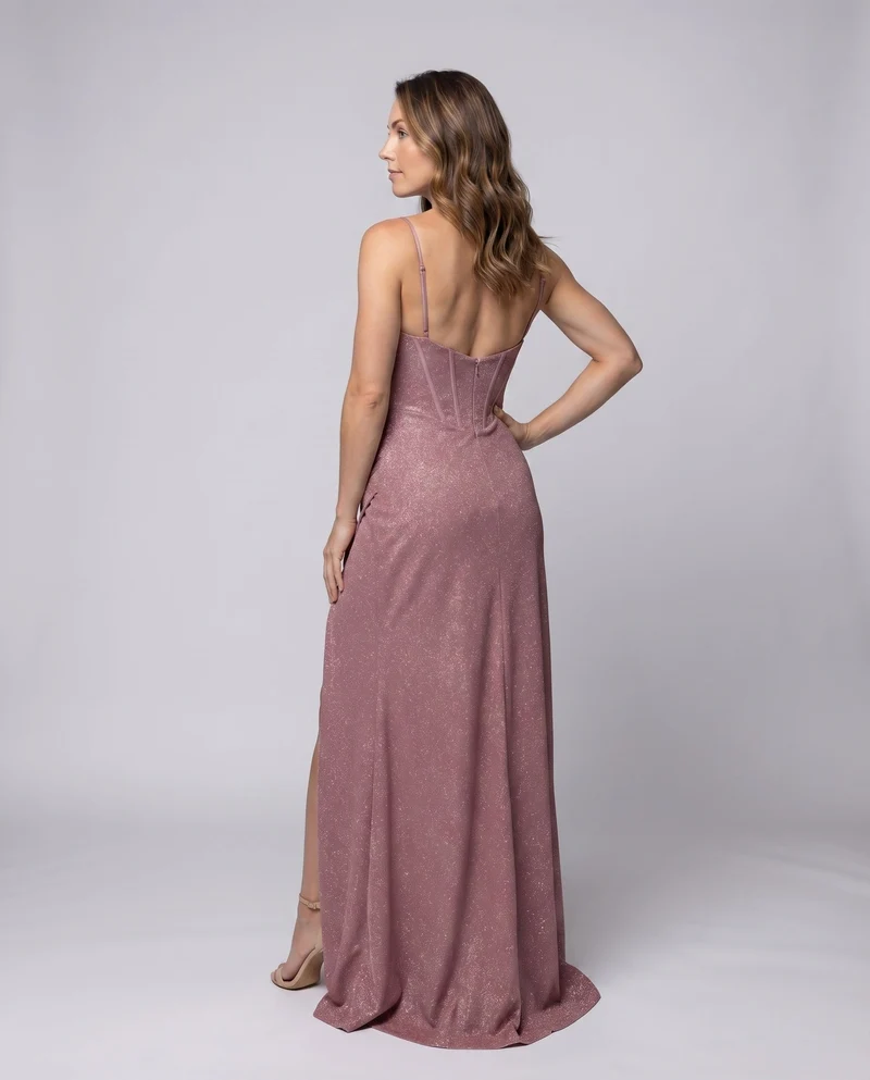 Damen Abendkleid Wasserfallbustier Korsettnähte Beinschlitz