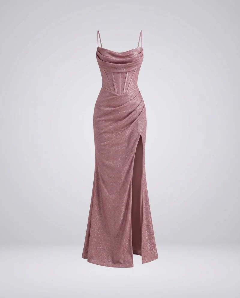 Damen Abendkleid Wasserfallbustier Korsettnähte Beinschlitz