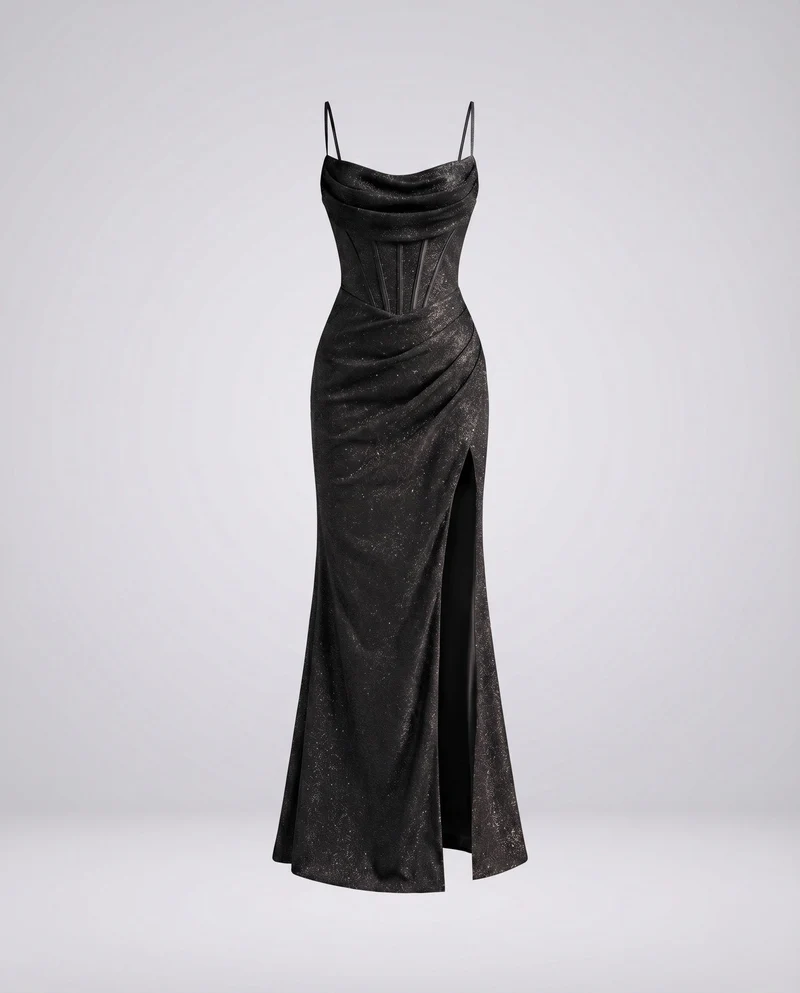 Damen Abendkleid Wasserfallbustier Korsettnähte Beinschlitz