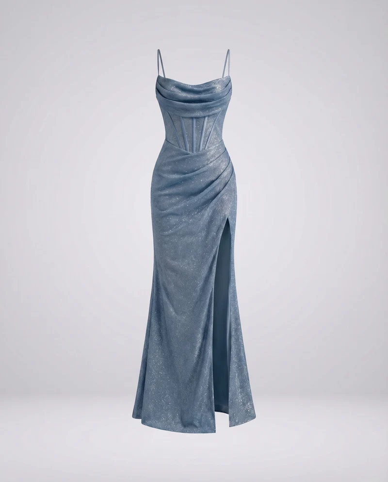 Damen Abendkleid Wasserfallbustier Korsettnähte Beinschlitz