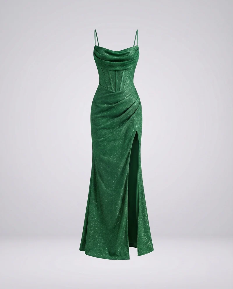 Damen Abendkleid Wasserfallbustier Korsettnähte Beinschlitz