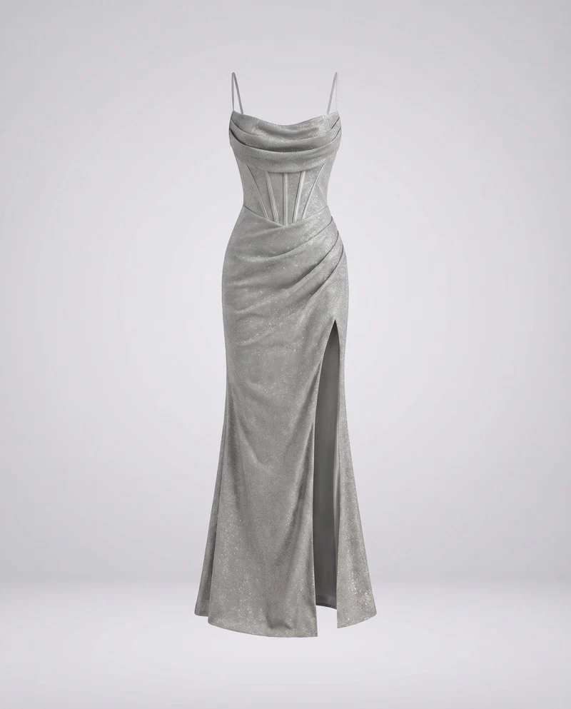 Damen Abendkleid Wasserfallbustier Korsettnähte Beinschlitz