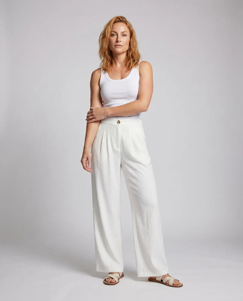 Damen weite, hoch taillierte Leinenhose mit elastischem Bund und praktischen Taschen