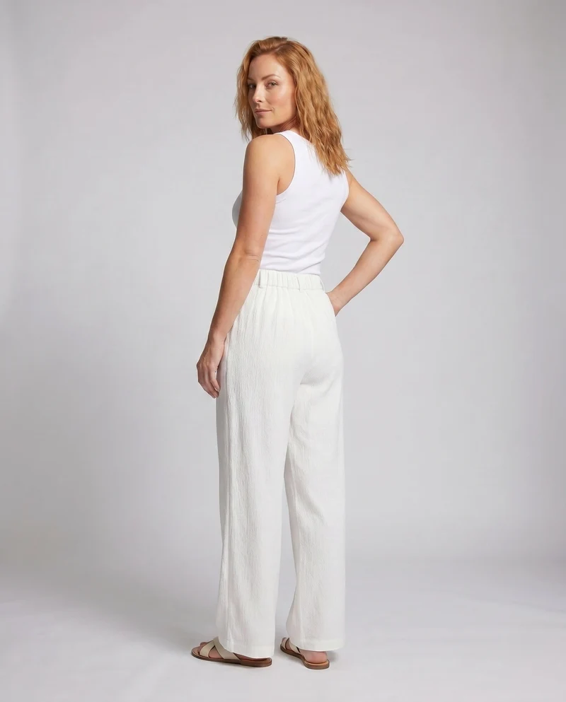 Damen weite, hoch taillierte Leinenhose mit elastischem Bund und praktischen Taschen