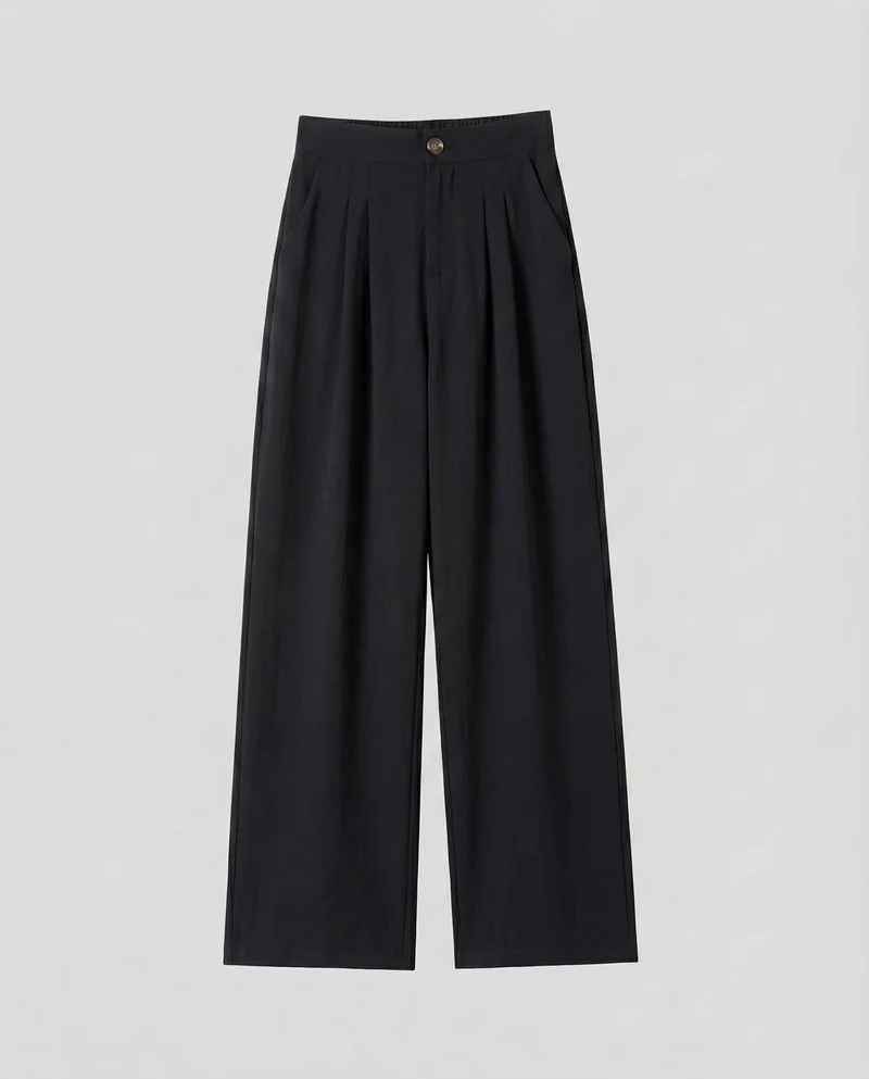 Damen weite, hoch taillierte Leinenhose mit elastischem Bund und praktischen Taschen