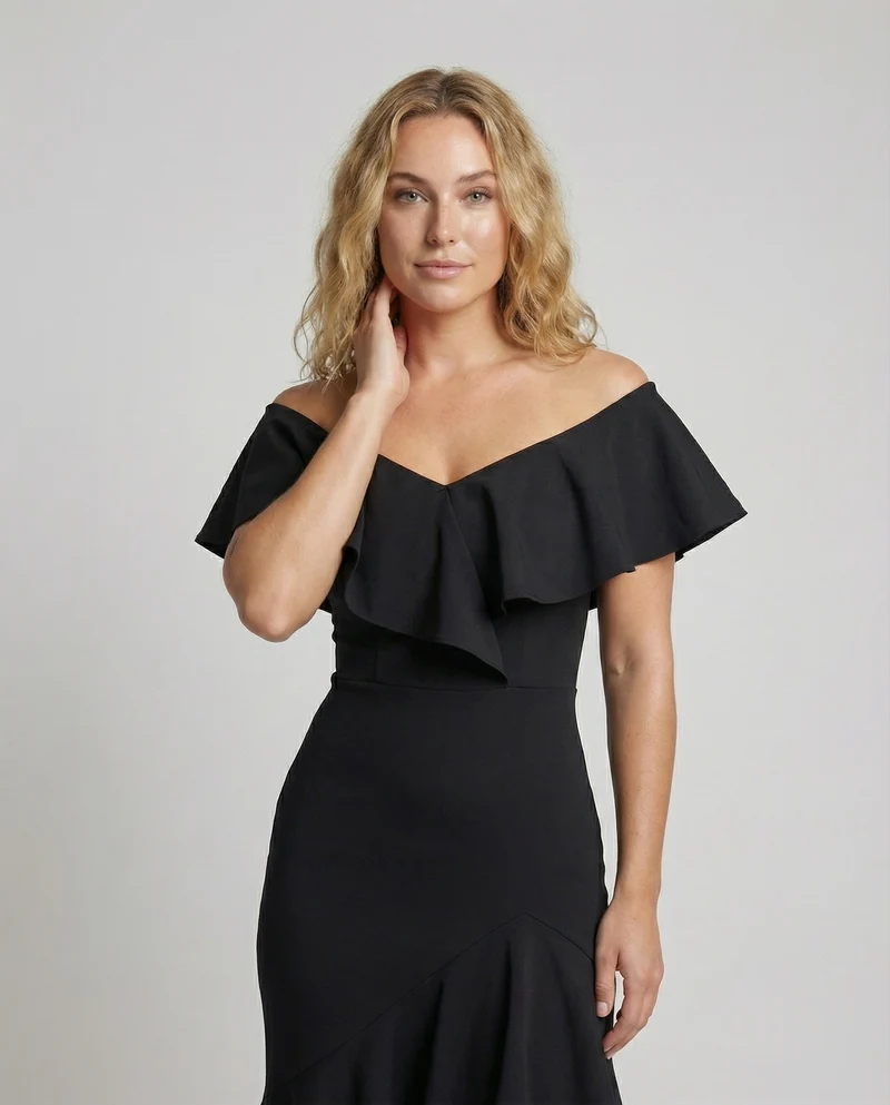 Damen Off-Shoulder Abend-Maxi Carmen-Volant Stufen