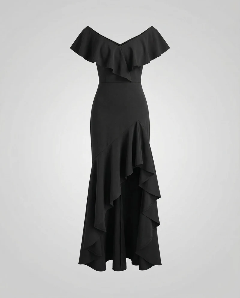 Damen Off-Shoulder Abend-Maxi Carmen-Volant Stufen
