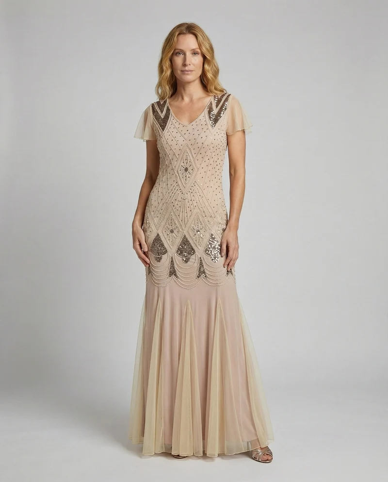 Damen Art-Deco Pailletten-Abendrobe mit Tüllrock