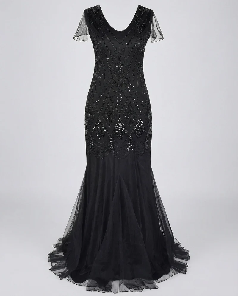 Damen Art-Deco Pailletten-Abendrobe mit Tüllrock
