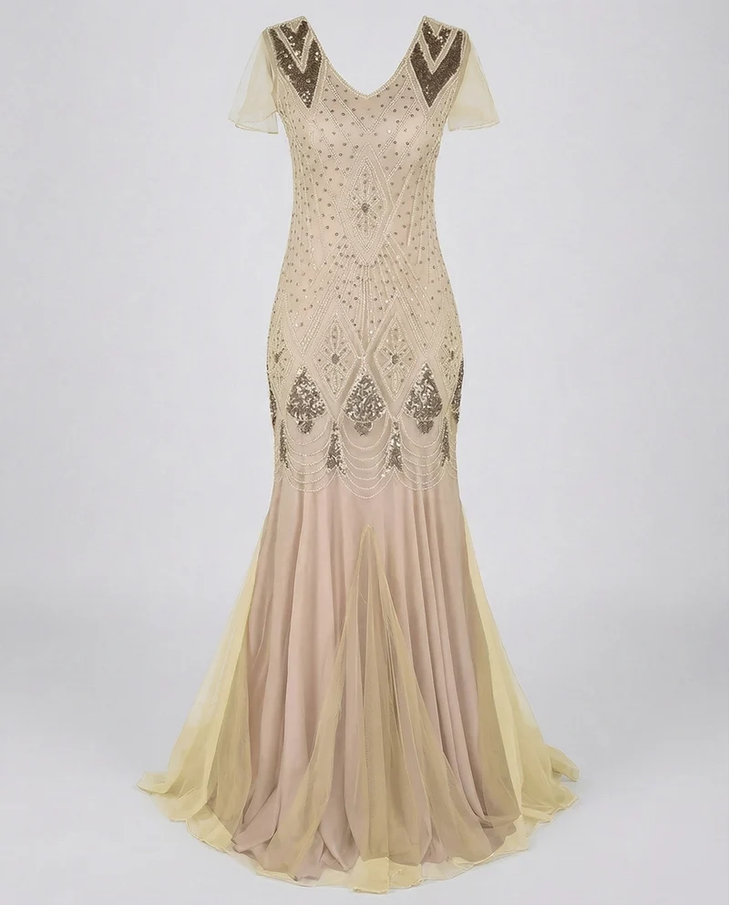 Damen Art-Deco Pailletten-Abendrobe mit Tüllrock