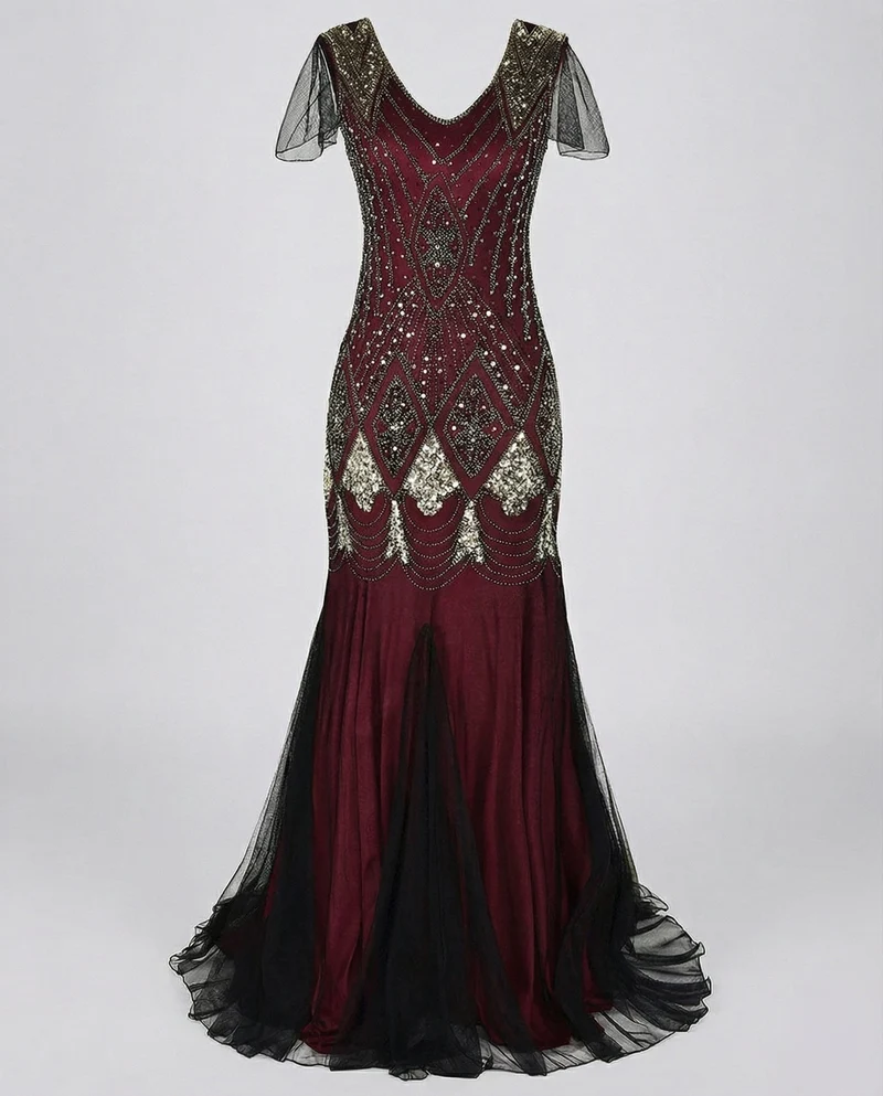Damen Art-Deco Pailletten-Abendrobe mit Tüllrock