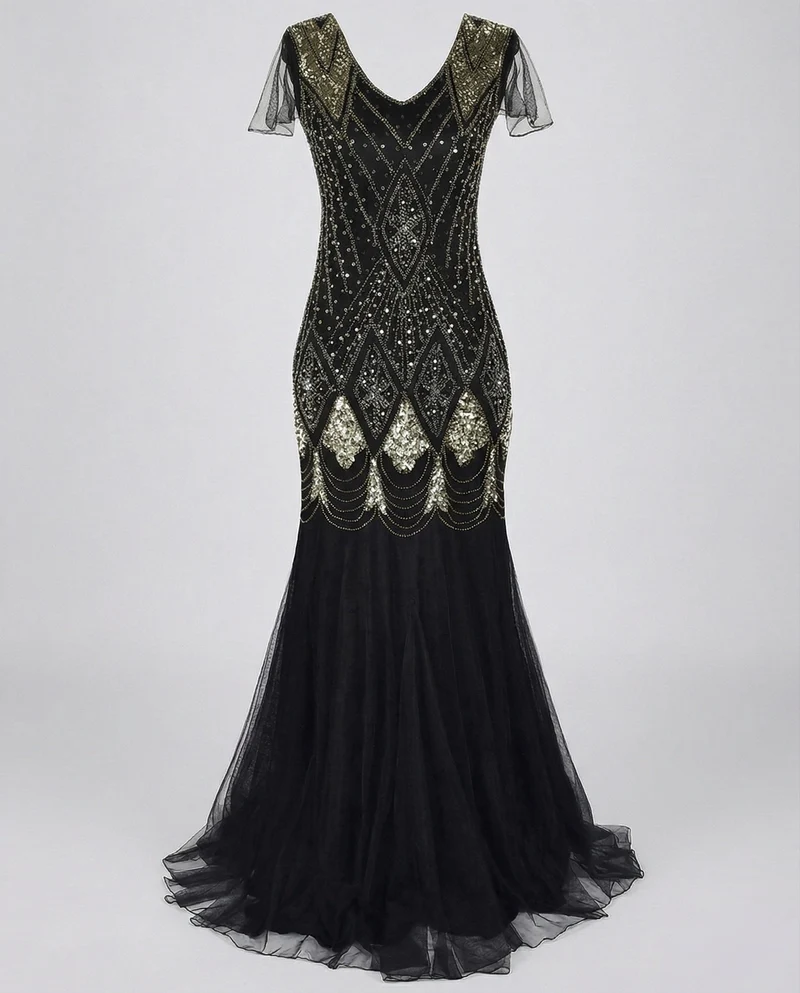 Damen Art-Deco Pailletten-Abendrobe mit Tüllrock
