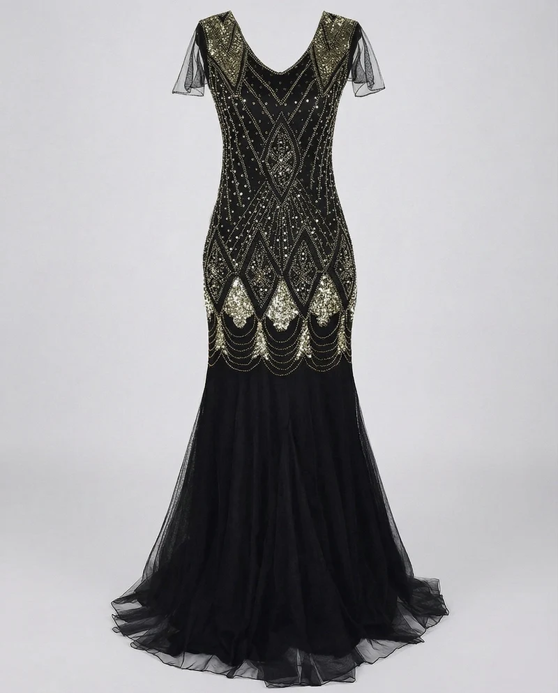Damen Art-Deco Pailletten-Abendrobe mit Tüllrock