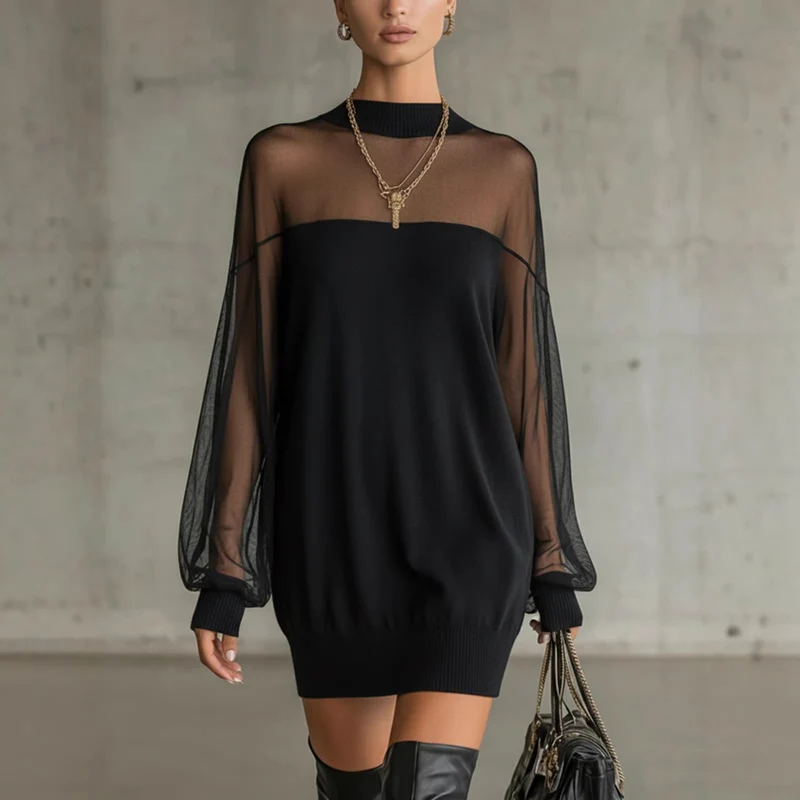 Damen Luftiges Minikleid mit transparenten Ärmelpartien und stylischem Highneck Nord Taschen