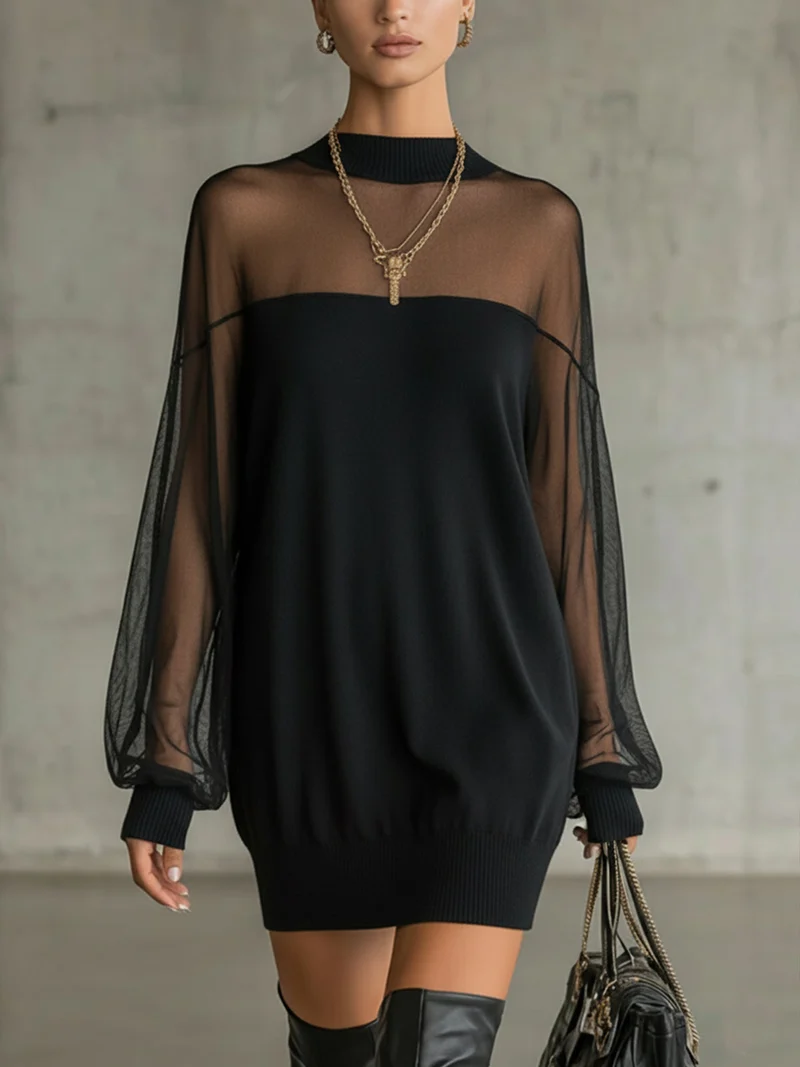 Damen Luftiges Minikleid mit transparenten Ärmelpartien und stylischem Highneck Nord Taschen
