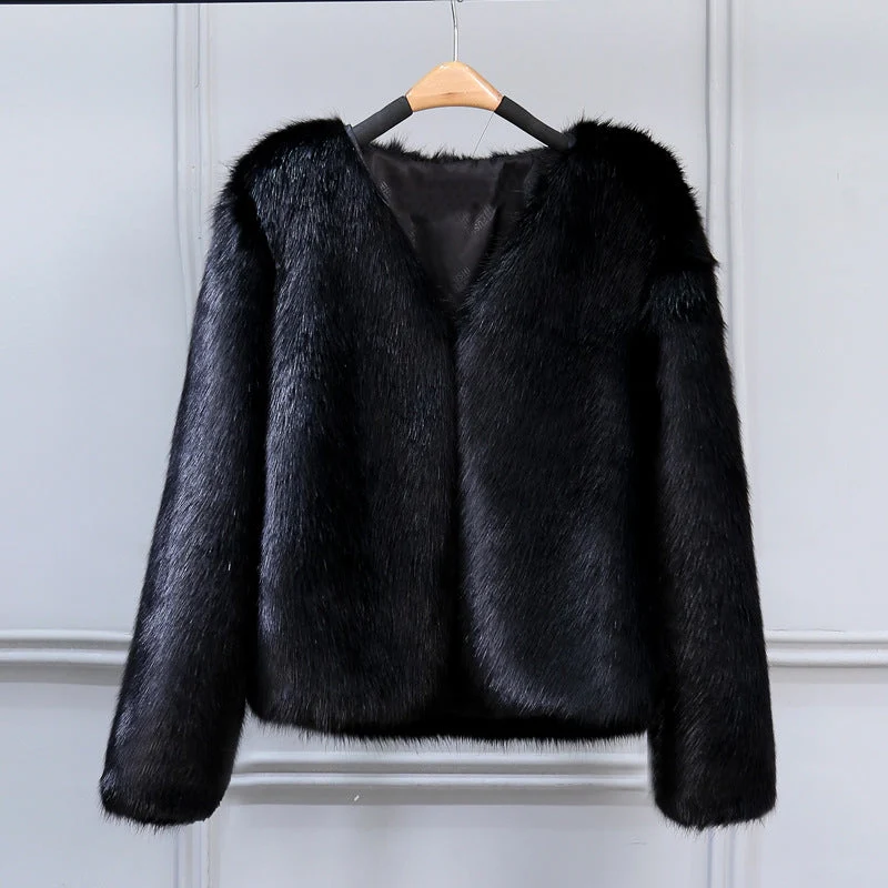 Damen Elegante Kunstfelljacke mit V-Ausschnitt und weichem Innenfutter