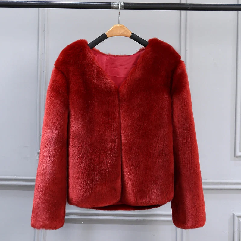 Damen Elegante Kunstfelljacke mit V-Ausschnitt und weichem Innenfutter