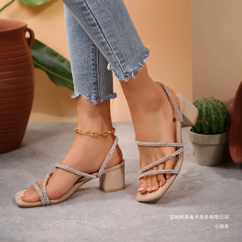 Damen Elegante Sandalen mit funkelnden Riemen und blockiertem Absatz