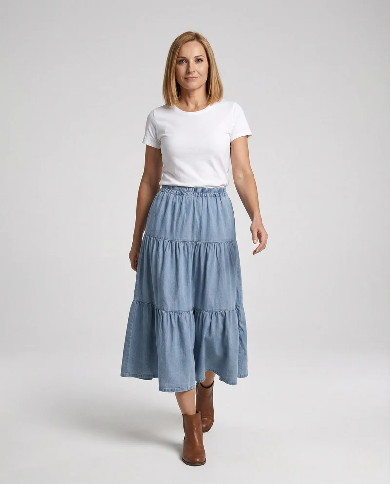 Maxi Jeansrock Gestuft Damen Elastikbund