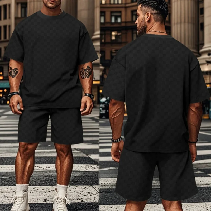 Schachbrettmuster Kurzarm-Shorts-Set
