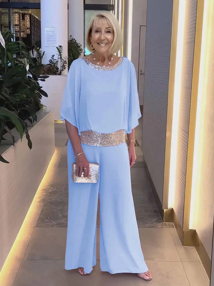 Damen Eleganter Jumpsuit mit schimmerndem Oberteil und weitem Bein