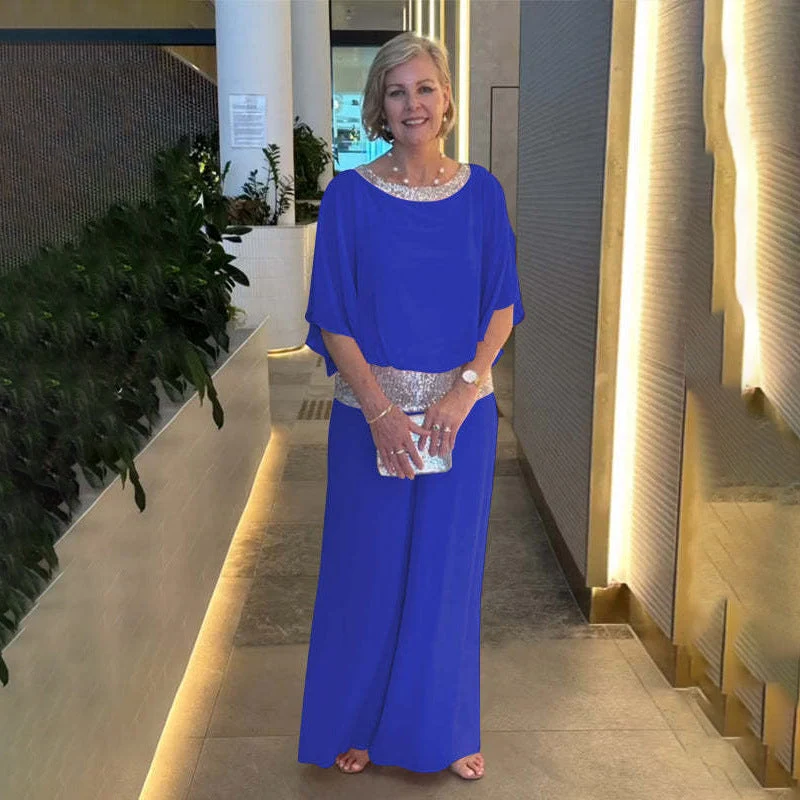 Damen Eleganter Jumpsuit mit schimmerndem Oberteil und weitem Bein