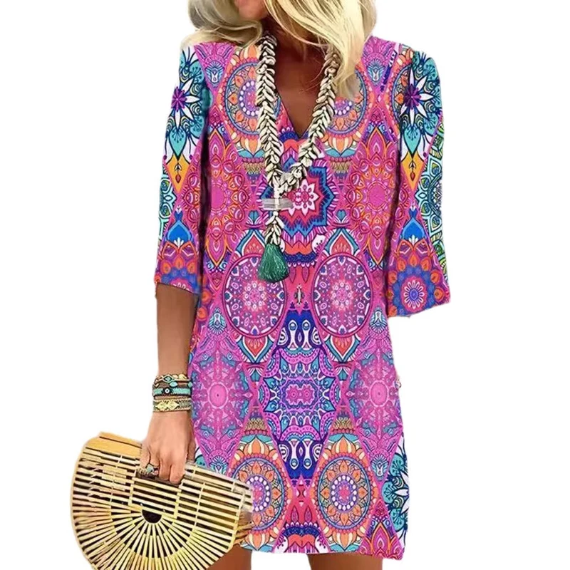 Damen nan kurzes Boho Strandkleid im Mandala-Print mit V-Ausschnitt, dreiviertel-Ärmeln und legerer A-Linie
