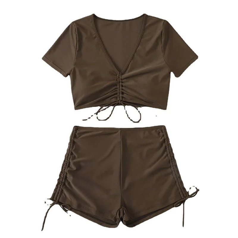 Damen Badeset mit gerafftem Oberteil und hoch tailliertem Slip