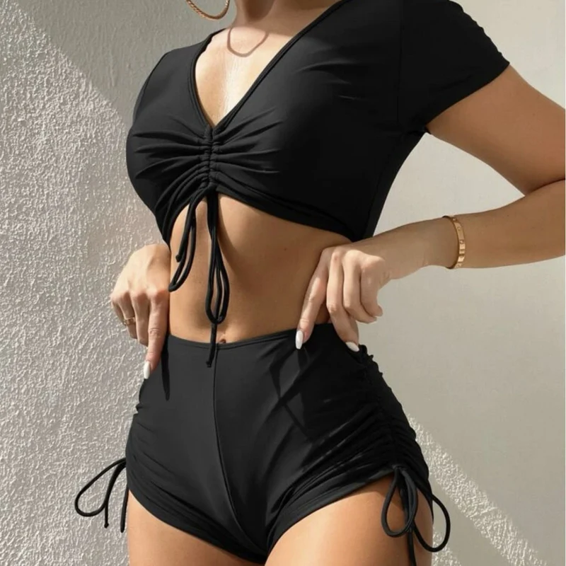Damen Badeset mit gerafftem Oberteil und hoch tailliertem Slip