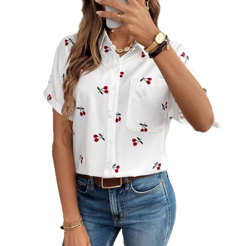 Damen Kurzarm Bluse mit Kirschmotiv und Tasche