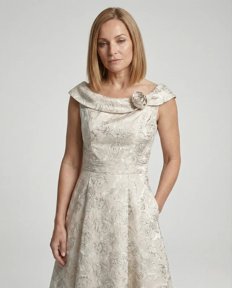Damen Brokat-Cocktailkleid mit Carmenausschnitt