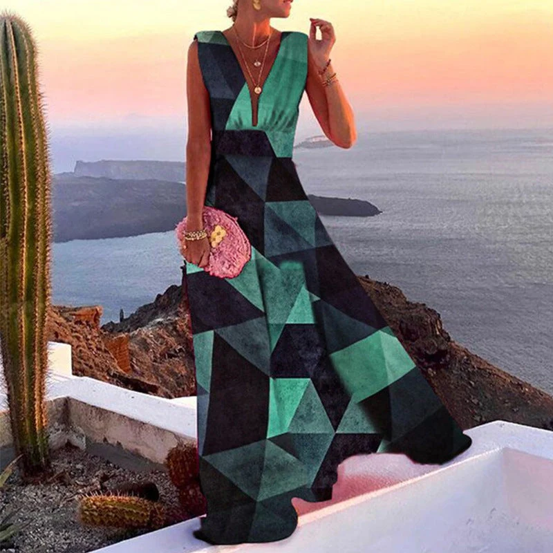 Damen Maxikleid mit geometrischem Schnitt und tiefem V-Ausschnitt
